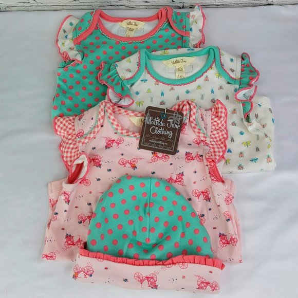 MATILDA JANE 4-PIECE SET 'ROUND TRIP CAMP' REVERSIBLE BODYSUITS & BONNET CLT. - Picture 7 of 16